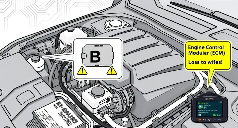A detailed technical illustration showing a car engine with a highlighted Engine Control Module (ECM) labeled 'B', disconnected wiring harness, and warning symbols indicating loss of communication, set against a clean automotive diagnostic background with subtle circuit patterns and OBD-II scanner interface elements