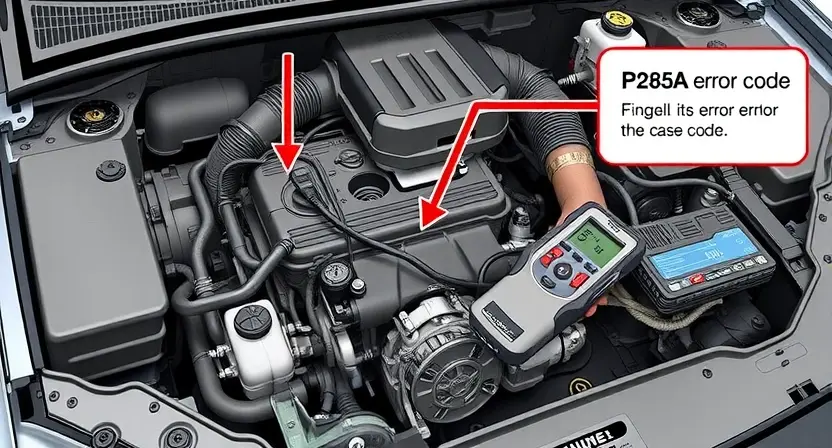 A detailed illustration of an automotive engine bay with a diagnostic tool connected to the engine's computer. The engine should be partially disassembled to reveal the relevant components. Focus on the area where the P285A error code might be related.