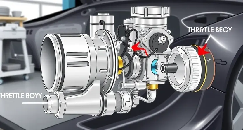 A detailed illustration of a car's throttle body and its associated electrical components. The throttle body should be partially disassembled to show the actuator motor and linkages. Highlight the area where the actuator motor might become stuck. Include a visual representation of the wiring connecting the motor to the engine control unit (ECU). The background should be a clean, well-lit automotive workshop environment.