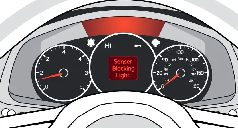 A high-quality technical illustration showing a car dashboard with a warning light indicating a sensor blockage, clean lines, detailed components, no text or numbers on the image, professional technical style