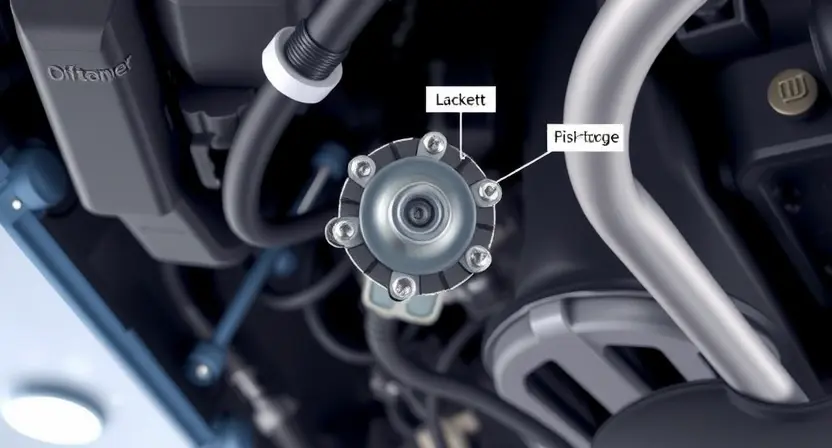A close-up, detailed illustration of a car's undercarriage, specifically focusing on the differential pressure sensor and its associated hoses and connections. The sensor should be clearly visible, with labels indicating its components. The background should be a slightly blurred view of the engine bay. Focus on mechanical precision and clarity.