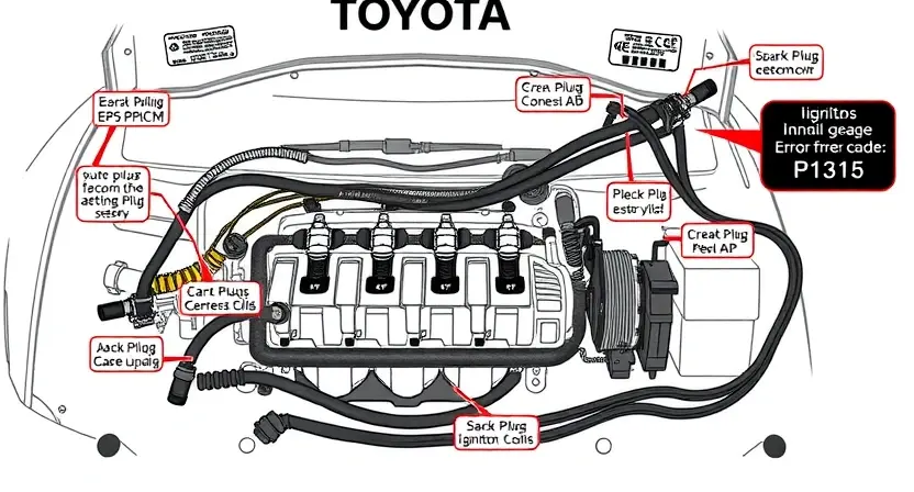 A high-quality technical illustration of a Toyota vehicle's ignition system showing spark plugs, ignition coils, and wiring harnesses with clear labels and diagnostic symbols indicating error code P1315, rendered in a professional automotive repair manual style with precise technical details and clean white background