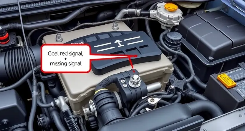 A detailed illustration of an automotive engine bay, focusing on the area where a sensor might be located. The image should depict various engine components, including hoses, wires, and the engine block. Highlight a specific sensor (e.g., a coolant temperature sensor) with a visual cue indicating a missing signal – perhaps a broken connection or a disconnected wire. The overall scene should be realistic and informative, suitable for a technical guide.