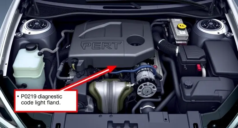 A detailed illustration of a car's engine bay, highlighting the P0219 diagnostic code light illuminated on the dashboard. Focus on the engine components and wiring related to the issue.