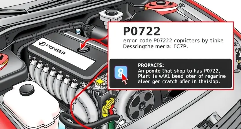 A detailed illustration of a car's engine bay with the P0722 error code highlighted on a diagnostic screen. The engine should be partially visible, showcasing various components like the intake manifold, hoses, and sensors. The diagnostic screen should display the P0722 code in a clear, readable font, along with a brief explanation of what it means.