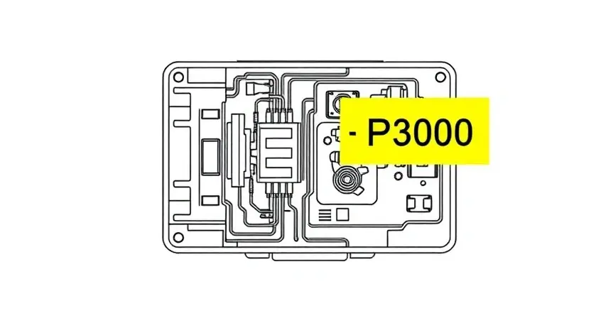 A detailed schematic diagram of a car's engine control unit (ECU) with a highlighted P3000 error code indicator. Focus on the electronic components and wiring within the ECU. The background should be a clean, neutral color.