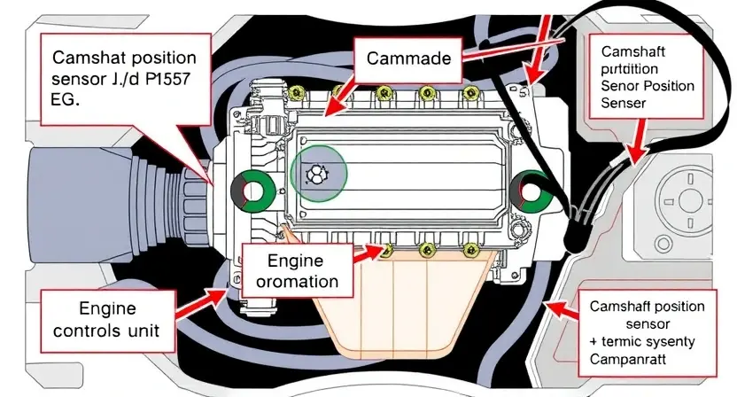 A detailed diagram illustrating the P1565 error code in a car's engine system. The diagram should show the relevant components (e.g., camshaft position sensor, crankshaft position sensor, engine control unit) and the data flow between them. Use clear arrows to indicate the signal paths. The image should visually represent the error condition, perhaps with a highlighted component or a broken connection. Focus on technical accuracy and clarity.