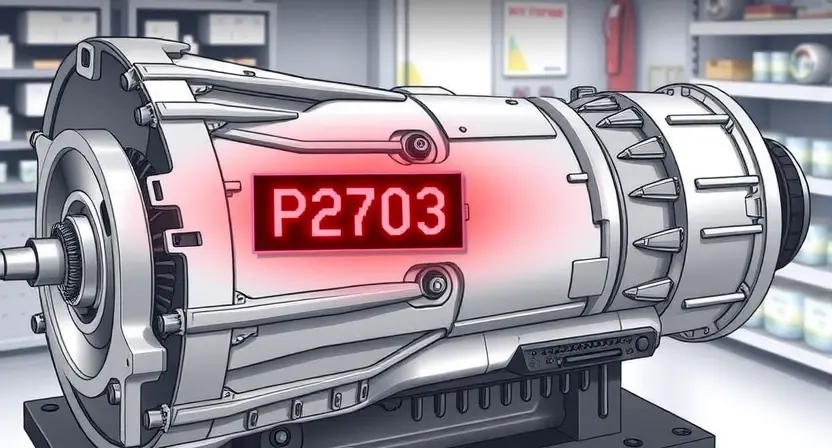 A detailed illustration of an automatic transmission with a highlighted error code P2703. The transmission should be depicted in a slightly angled view, showing internal components like gears and shafts. A digital display on the transmission shows the error code P2703 in red. The background should be a clean, technical environment, possibly a workshop or garage.