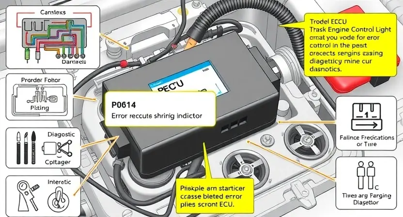 A detailed illustration of a car's engine control unit (ECU) with wiring diagrams and diagnostic tools surrounding it. Focus on the P0614 error code indicator and its potential causes.