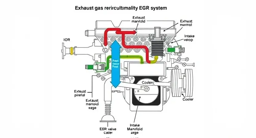 A detailed technical illustration of an exhaust gas recirculation (EGR) system in a diesel engine, showing the flow of exhaust gases from the exhaust manifold through the EGR valve, cooler, and back into the intake manifold, with clear labels for components and arrows indicating gas flow, rendered in a clean, schematic style suitable for educational diagrams
