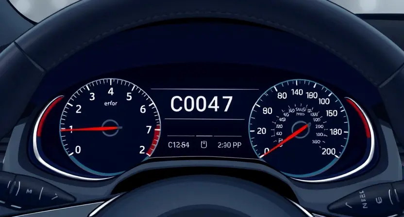 A detailed illustration of a car's dashboard with a highlighted error message 'C0047' displayed on the instrument cluster. The dashboard should be clean and modern, focusing on the error indicator. The car's interior should be subtly visible but not distracting.