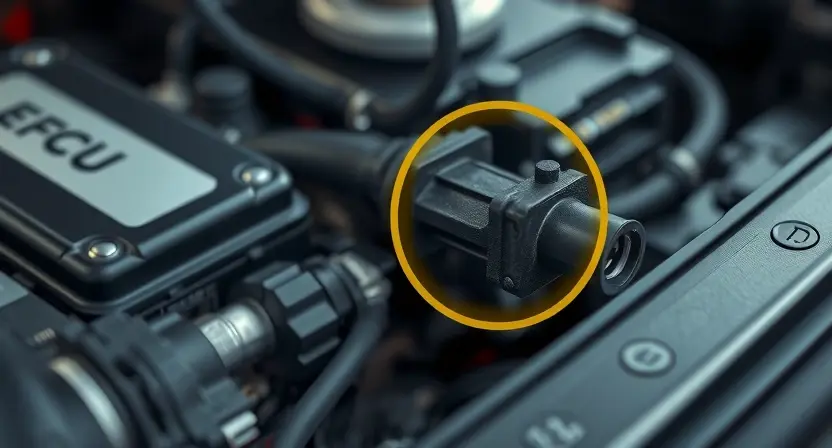 A close-up, detailed illustration of a car's engine control unit (ECU) with a highlighted sensor connection. The image should visually represent a weak signal, perhaps with faint, flickering lines emanating from the connection point. Focus on the physical components of the ECU and sensor, emphasizing the connection. The background should be blurred, suggesting the complexity of the engine bay.