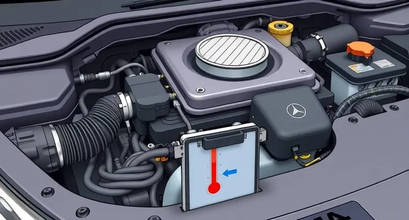 A detailed illustration of a car engine with a focus on the coolant temperature sensor and its connection to the engine control unit (ECU). The engine should be clean and well-lit, showcasing the relevant components. Include subtle visual cues indicating a temperature reading, such as a gentle gradient or glow around the sensor.