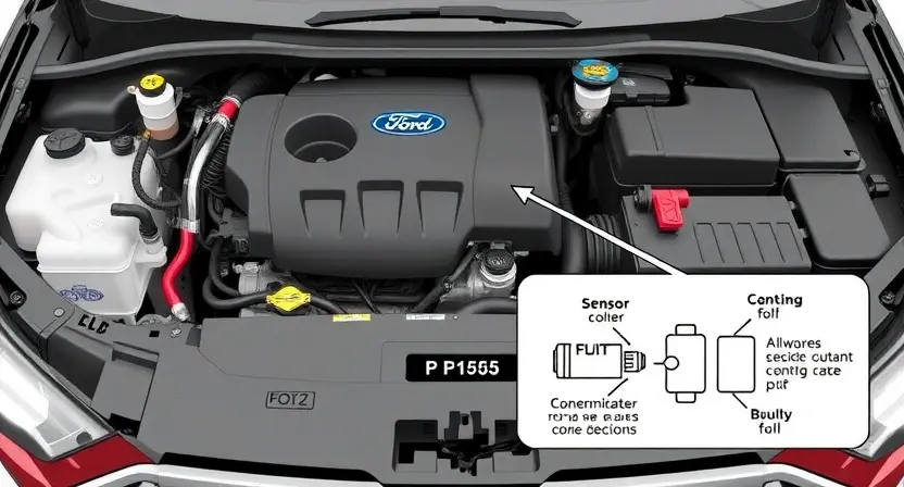 A detailed technical illustration of a Ford vehicle engine compartment showing the diagnostic indicator for error code P1505, with clear labels and schematic diagrams highlighting the relevant sensor and wiring, rendered in a clean, high-quality technical drawing style
