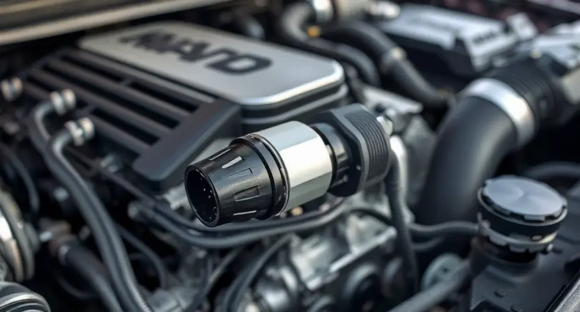 A close-up, detailed illustration of a car's engine bay, specifically highlighting the mass airflow sensor (MAF sensor). The sensor should be clearly visible, with surrounding engine components subtly in focus. The overall lighting should be bright and clean, emphasizing the sensor's physical appearance. Focus on the sensor's connectors and wiring.