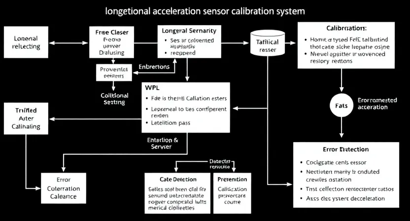 A detailed schematic diagram of an automotive sensor calibration system, highlighting the longitudinal acceleration sensor and its calibration process. Include visual representations of data flow, error detection, and preventative measures. Focus on clarity and technical accuracy.