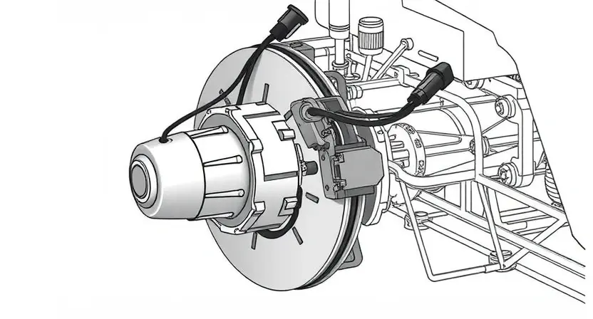 A detailed illustration of a car's handbrake system, specifically highlighting the right electric motor and its associated wiring. The image should show a cross-section or exploded view to clearly depict the components and their connections. Focus on the motor itself, its position within the handbrake assembly, and the wiring leading to it. The background should be a clean, neutral color to emphasize the mechanical details. The overall impression should be informative and technical, suitable for