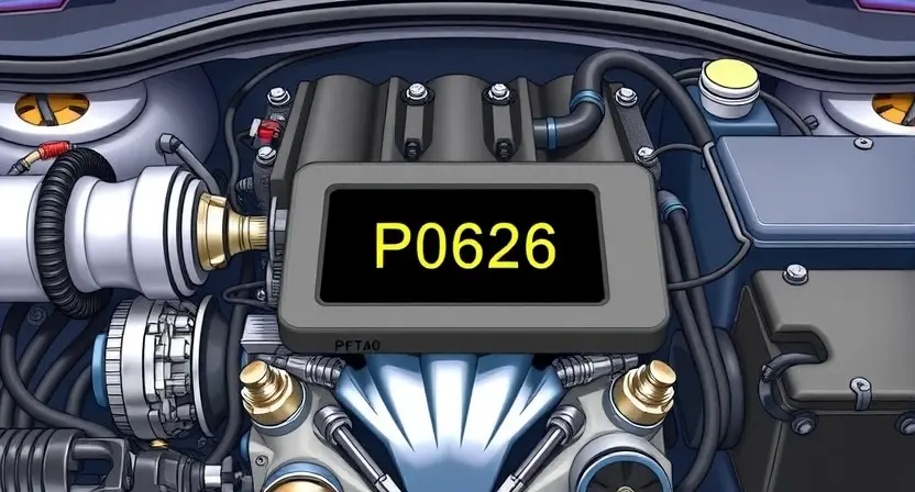 A detailed illustration of a car engine with the P0626 error code highlighted. The engine should be realistically rendered, showing various components like the camshaft, crankshaft, and sensors. The P0626 code should be displayed on a digital dashboard or screen within the engine bay, clearly visible.