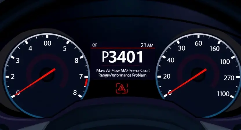 A close-up, detailed illustration of a car's dashboard with a prominent error message displayed on the instrument cluster. The error message should clearly show 'P3401' and perhaps a brief description like 'Mass Air Flow (MAF) Sensor Circuit Range/Performance Problem'. The dashboard should be clean and modern, with a focus on the digital display. The overall lighting should be bright and clear, highlighting the error message. The car model is generic and modern.