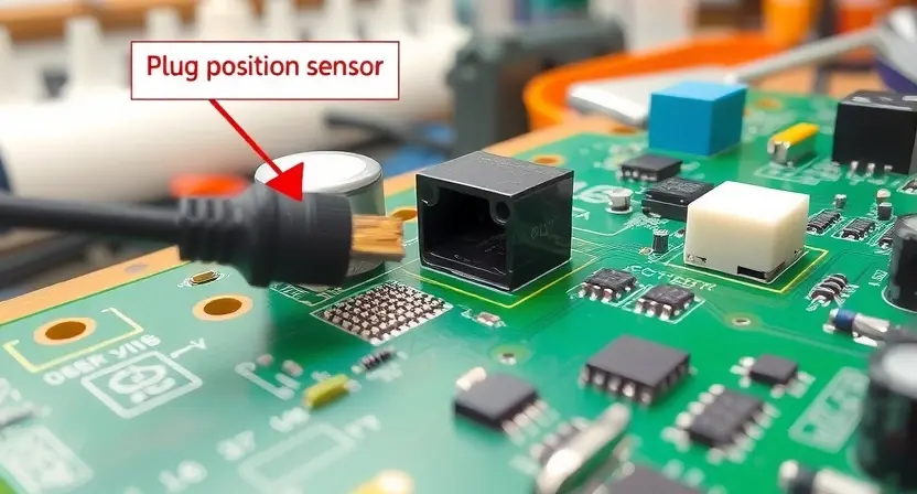 A detailed illustration of an electrical circuit board with a faulty connector, specifically highlighting the plug position sensor. The circuit board should be realistically rendered with visible components like resistors, capacitors, and integrated circuits. The faulty connector should be clearly depicted, showing a broken or misaligned pin. The background should be a slightly blurred workshop environment to suggest a repair scenario.