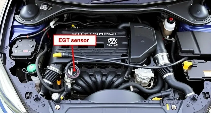 A detailed engine bay view of a car, focusing on the area around the engine. Highlight the EGT sensor bank 2, sensor 1. Show wiring, sensors, and engine components. The image should clearly illustrate the sensor's location and potential issues.