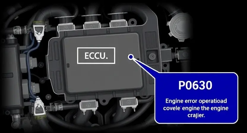 A detailed illustration of an engine control unit (ECU) with various sensors and wiring. Highlight the area where the VIN code would typically be stored. Show a visual representation of the P0630 error code and its potential impact on the engine's operation.