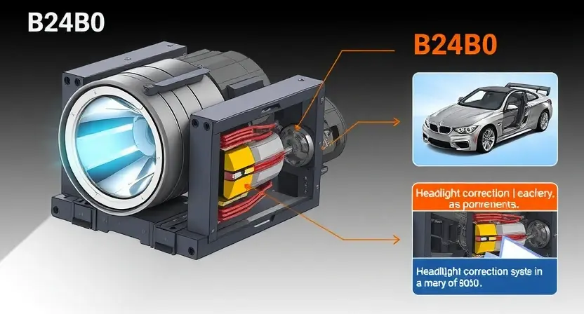 A detailed illustration of a B24B0 electronic component with highlighted areas indicating potential failure points. The image should showcase the component's internal structure and connections, emphasizing the impact of a malfunction on a headlight correction system. Include visual representations of the system's functionality and how a B24B0 failure disrupts it.