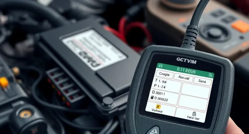 A close-up, detailed illustration of an automotive engine control unit (ECU) connected to a diagnostic scan tool via a wiring harness. The ECU should be prominently displayed, with visible connectors and wiring. The scan tool should be partially visible, showing a simplified diagnostic interface with a voltage reading displayed. Focus on the electrical connections and the overall technical aspect of the image. The background should be a blurred automotive workshop environment.