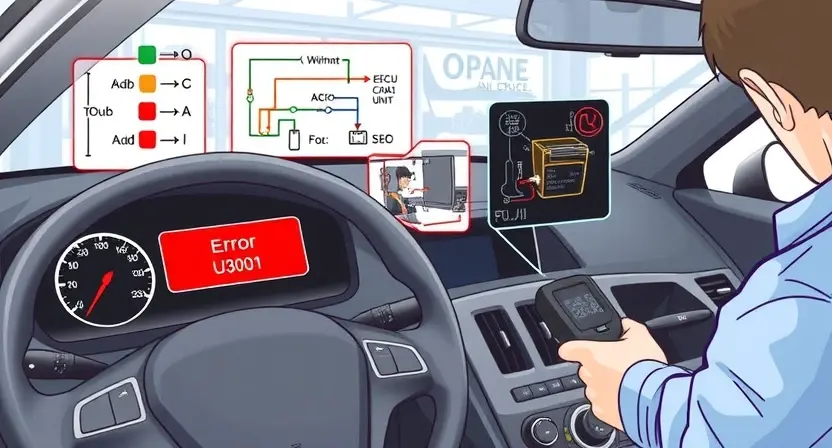 A detailed technical illustration of a car's onboard diagnostic system showing error code U3001 on a digital dashboard display, with wiring diagrams, ECU (Engine Control Unit) highlighted, and a mechanic using a diagnostic scanner near the vehicle's OBD-II port, all in a clean, professional automotive workshop setting with soft natural lighting
