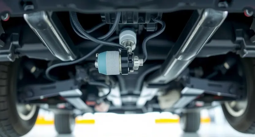 A close-up photograph of a car's undercarriage, specifically focusing on the electromagnetic release valve circuit. The image should clearly show the valve, wiring, and any connected components. The lighting should be bright and even to highlight the details. The background should be blurred to emphasize the valve assembly.