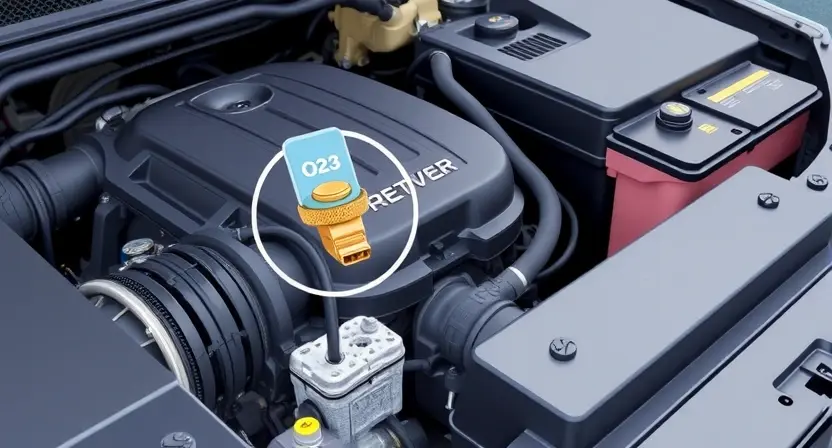 A detailed illustration of a car engine bay with a highlighted oxygen sensor (O2 sensor). The sensor should be clearly visible, with wires connected to it. The background should show other engine components like hoses, belts, and the engine block, but the focus should be on the O2 sensor. The overall lighting should be bright and clean, suitable for a technical diagram.