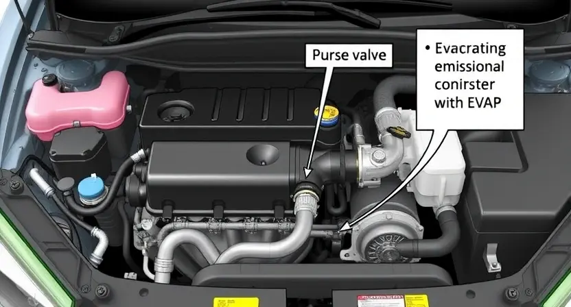 A detailed illustration of a car's engine bay with a focus on the evaporative emissions (EVAP) system components. Highlight the charcoal canister, purge valve, and associated hoses. Use clear, bright lighting to showcase the parts. The engine should appear clean and well-maintained.