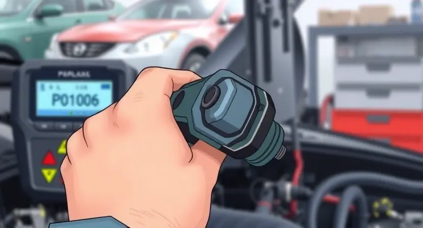 A close-up, detailed illustration of a car's mass airflow sensor (MAP sensor) being inspected by a mechanic. The sensor should be clearly visible, along with wiring connections and possibly a diagnostic tool displaying a P0106 error code. The background should be a clean, organized automotive repair shop environment. Focus on technical accuracy and clarity.