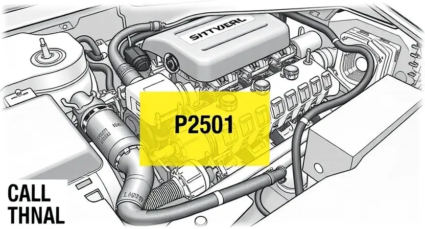 A detailed illustration of a car engine with a highlighted section indicating the area related to the P2501 error code. The engine should be depicted in a realistic and high-quality manner, showing various components such as the fuel injectors, sensors, and wiring harness. The highlighted section should be visually distinct but not overly intrusive, providing a clear indication of the problematic area.
