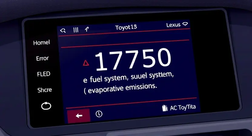 A detailed illustration of a Toyota or Lexus vehicle's diagnostic screen displaying the P1750 error code. The screen should show the error code prominently, along with a brief description related to the vehicle's system (e.g., fuel system, evaporative emissions). Include visual elements representing the car's engine or fuel system in the background, subtly suggesting the error's origin. Focus on clarity and technical accuracy, avoiding overly stylized or abstract representations.