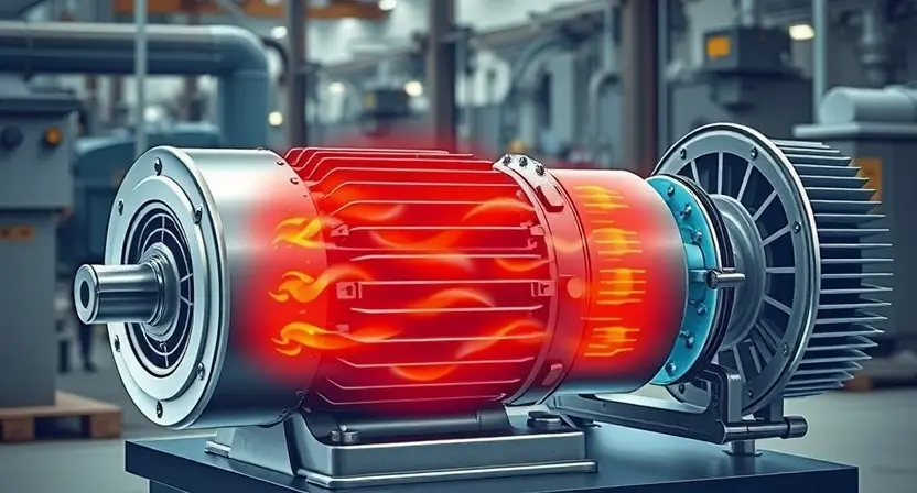 A detailed illustration of an electric motor with visible overheating signs (e.g., discoloration, steam) alongside a cooling system (e.g., fan, heat sink). The background should depict a factory or industrial setting.