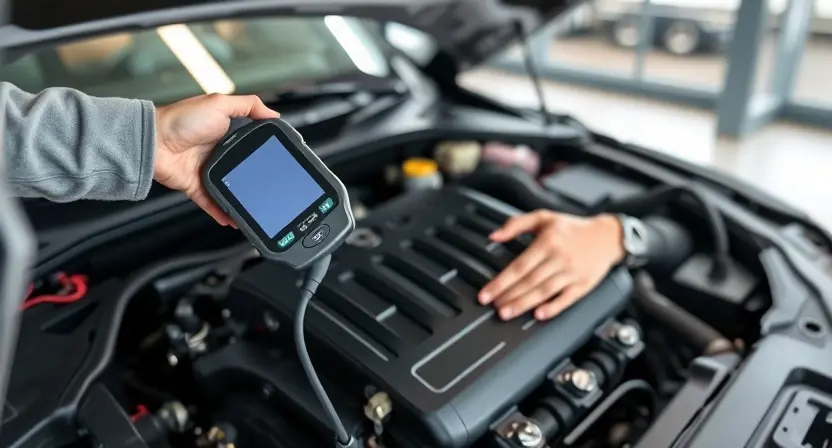 A mechanic using a diagnostic scanner to check a car's engine. The engine bay should be visible, with the scanner connected to the car's port. Focus on the mechanic's hands interacting with the scanner and the engine components. The background should be a clean, well-lit garage environment.