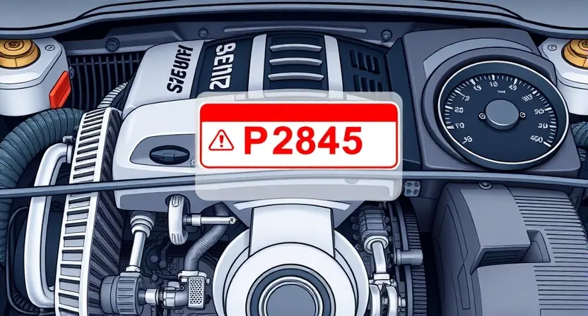 A detailed illustration of a car engine with a highlighted error code P2845 displayed on a digital dashboard. The engine should be realistically rendered, showcasing various components like pistons, valves, and belts. The dashboard should be modern and clearly show the error code with accompanying diagnostic information.