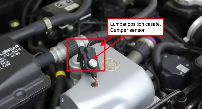 A close-up view of a car's engine compartment with a highlighted and labeled sensor related to the lumbar position. The sensor should be clearly visible with wires connected to it, indicating a potential issue. The background should show other engine components to provide context.