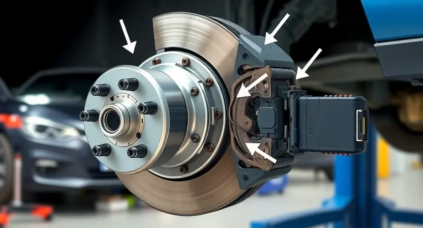 A detailed illustration of a car's anti-lock braking system (ABS) components. Focus on the wheel hub, brake rotor, ABS sensor, and control module. Show the internal workings of the ABS system with arrows indicating the flow of information and hydraulic pressure. The image should be clean and informative, highlighting the key parts involved in ABS operation. The background should be a neutral, slightly blurred automotive workshop environment.
