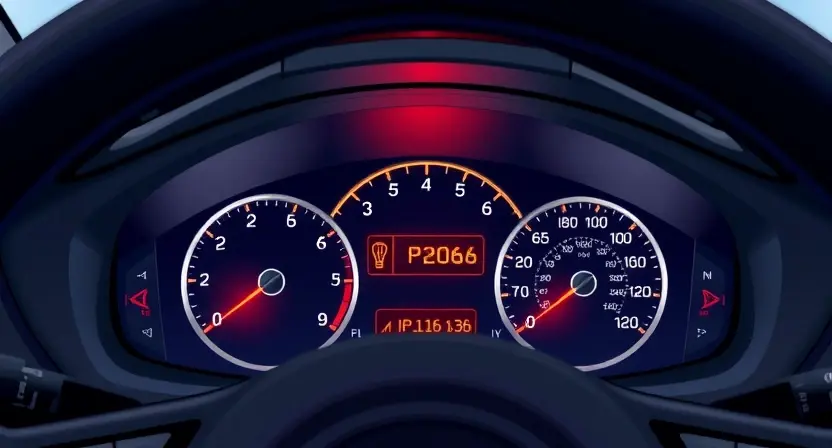 A detailed illustration of a car dashboard with a prominent warning light illuminated, specifically the P2066 error indicator. The dashboard should be clean and modern, focusing on the error light and surrounding gauges. The car's interior should be subtly visible but not distracting.