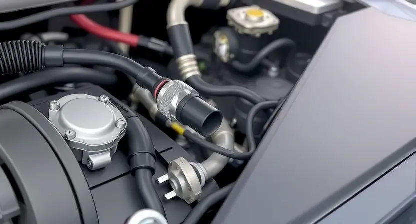 A close-up, detailed illustration of a car's engine bay, specifically highlighting the Mass Air Flow (MAF) sensor. The sensor should be clearly visible, with surrounding engine components subtly in focus. Wires and hoses connected to the MAF sensor should be depicted realistically. The overall lighting should be bright and even, showcasing the sensor's physical details. Focus on the sensor's position and connections within the engine compartment.