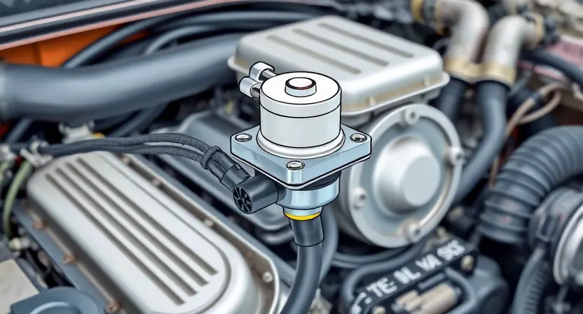 A detailed illustration of a car engine bay, focusing on the fuel cut-off solenoid. The solenoid should be clearly visible, with wires and hoses connected. Show the engine components around it, like the intake manifold, fuel rail, and wiring harness. The background should be slightly blurred to emphasize the solenoid.