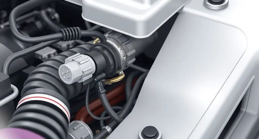 A detailed illustration of a car engine bay, focusing on the position of the Engine Coolant Temperature Sensor (ECTS) and its wiring. The image should clearly show the sensor itself, its connection to the engine block, and the wiring harness leading to the engine control unit (ECU). Include visual cues indicating a malfunctioning sensor, such as a slightly corroded connector or a disconnected wire. The background should be slightly blurred to emphasize the sensor area. The overall lighting shoul
