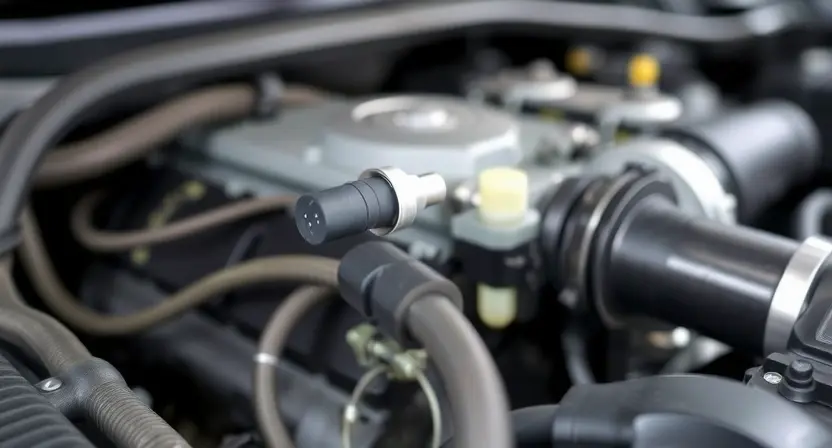 A close-up shot of a car's engine bay, focusing on the engine coolant temperature sensor. The sensor should be clearly visible, with hoses and wiring around it. The engine should appear clean and well-maintained. The background should be slightly blurred, suggesting a garage setting.