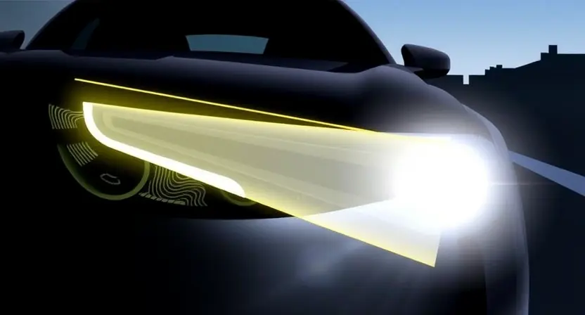 A detailed illustration of an Adaptive Front-lighting System (AFS) in a vehicle, showing the headlight beam dynamically adjusting to the road ahead. The image should depict the AFS functionality in action, with the headlight beam curving to follow a curve in the road. Include a car silhouette in the background to provide context.