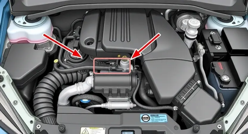A detailed illustration of a car's engine bay with a focus on the mass airflow sensor (MAF sensor). The MAF sensor should be clearly visible, with arrows pointing to its location and surrounding components like air intake ducting and wiring. The overall scene should convey a sense of technical precision and clarity, suitable for a repair manual or diagnostic guide. The engine should be clean and well-maintained.