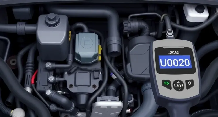 A close-up, detailed illustration of a car's undercarriage, specifically focusing on the Low Speed CAN bus system. Highlight the wiring harness, connectors, and the electronic control unit (ECU) related to the LS-CAN system. Use visual cues to indicate a diagnostic scan tool connected to the ECU, displaying the error code U0020. The overall image should convey a sense of technical inspection and troubleshooting.