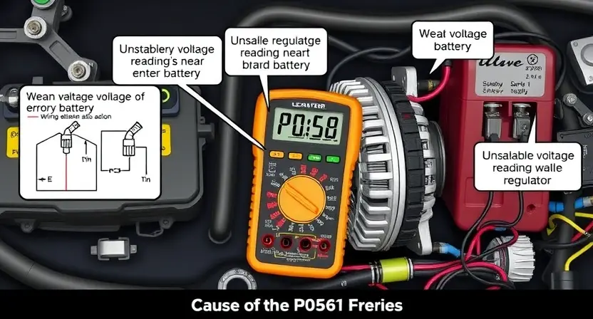 A detailed illustration of an automotive electrical system with a focus on the battery, alternator, and voltage regulator. Show a multimeter displaying an unstable voltage reading near the battery. Include wiring diagrams and components related to voltage regulation. The image should depict the cause of a P0561 error code.