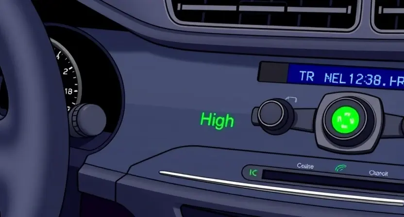 A detailed illustration of a car's cruise control system, highlighting the signal strength indicator. The image should show a close-up of the dashboard with the cruise control display, emphasizing a high signal level. Include visual cues to represent a strong signal, such as a bright, green indicator or a clear, stable reading.
